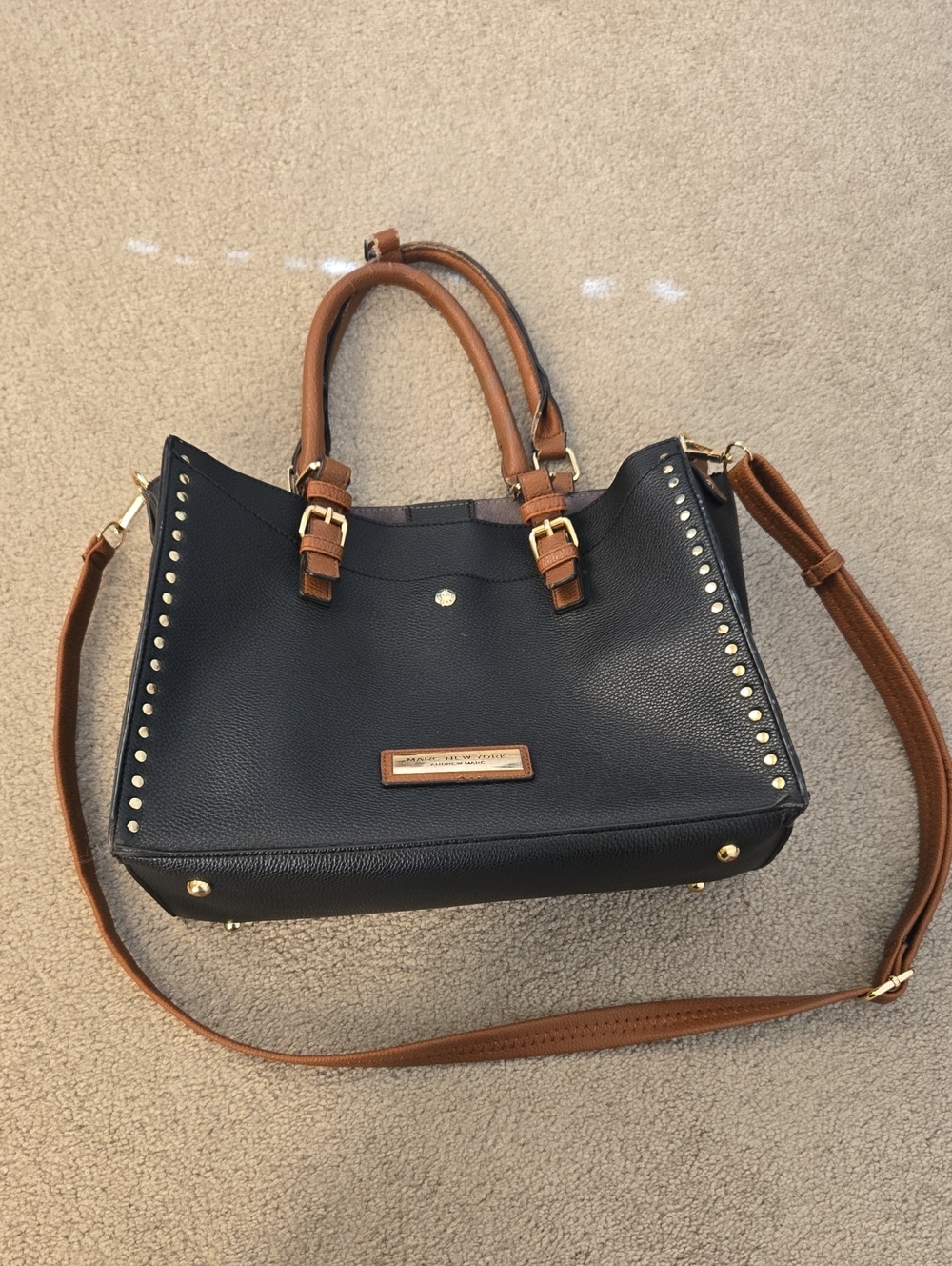 Andrew Marc Black Tote with Brown Trim and Gold Accents